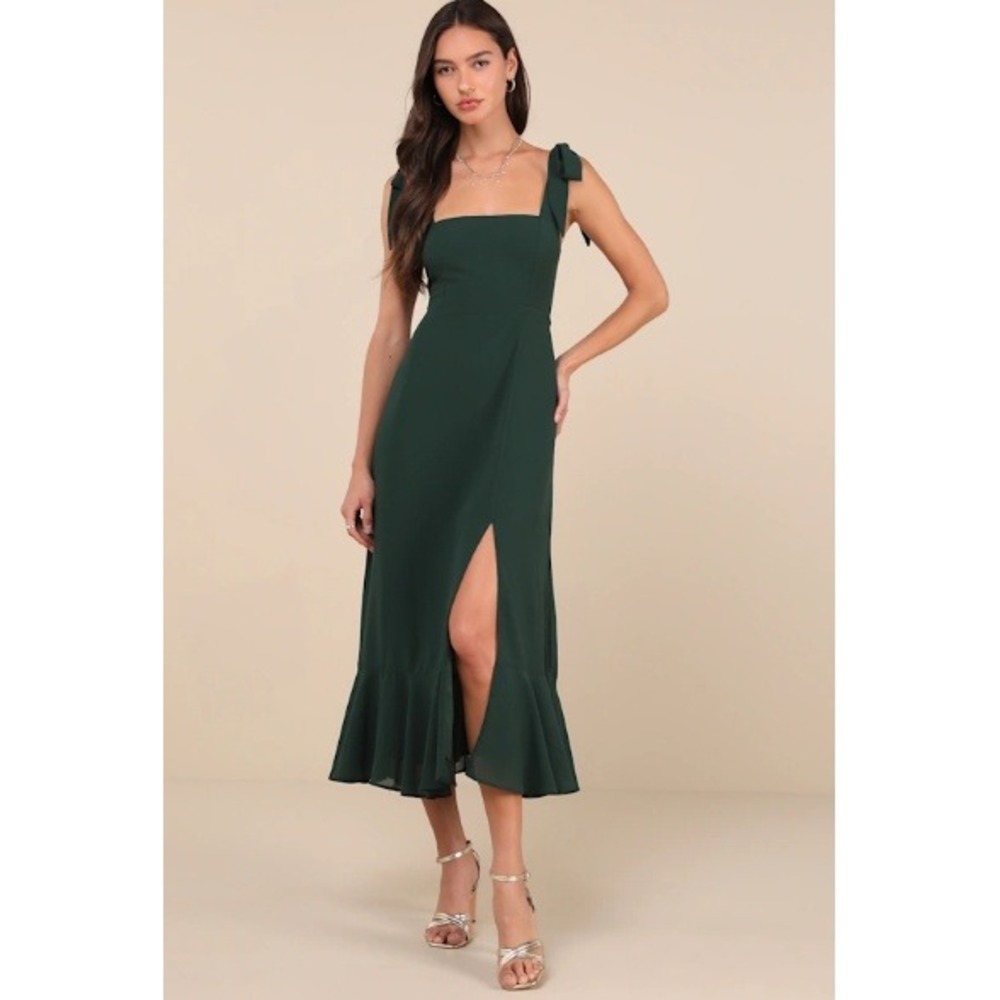 Lulus Midi Dress Size XL Green Tie Shoulder Ruffle Slit Emerald Wedding Guest